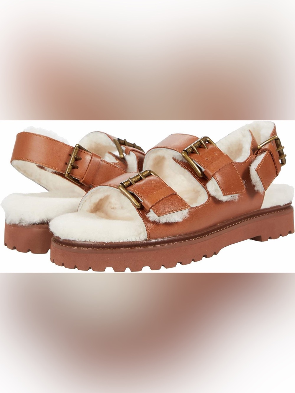 Madewell Tan Leather Shearling-Trim Buckle Sandals